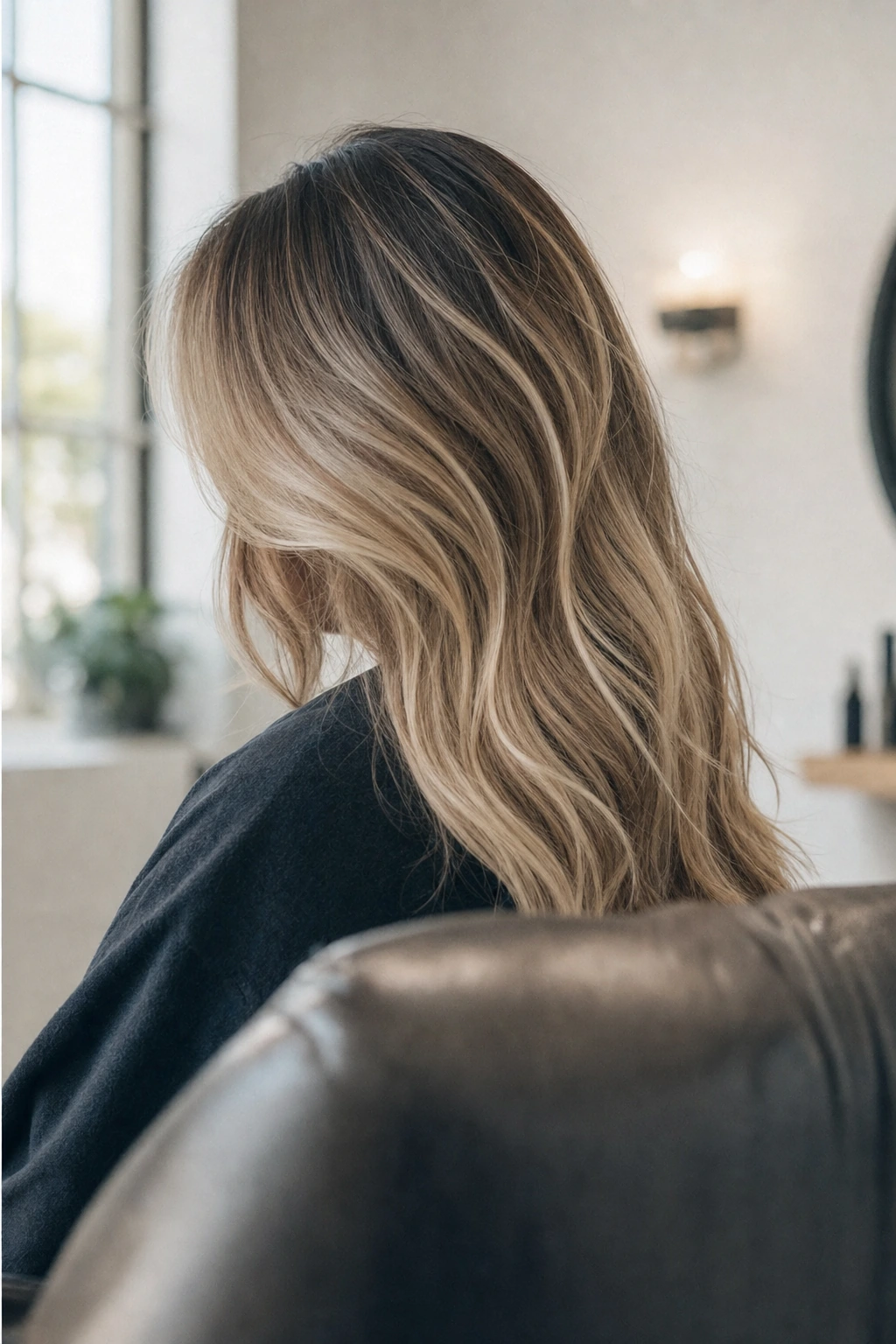 Cabelo depois: balayage frio, com transição da raiz escura às pontas claras